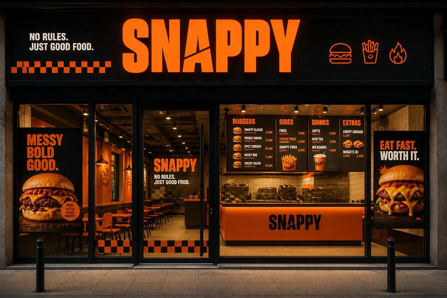 Devanture du restaurant Snappy, orange et espresso